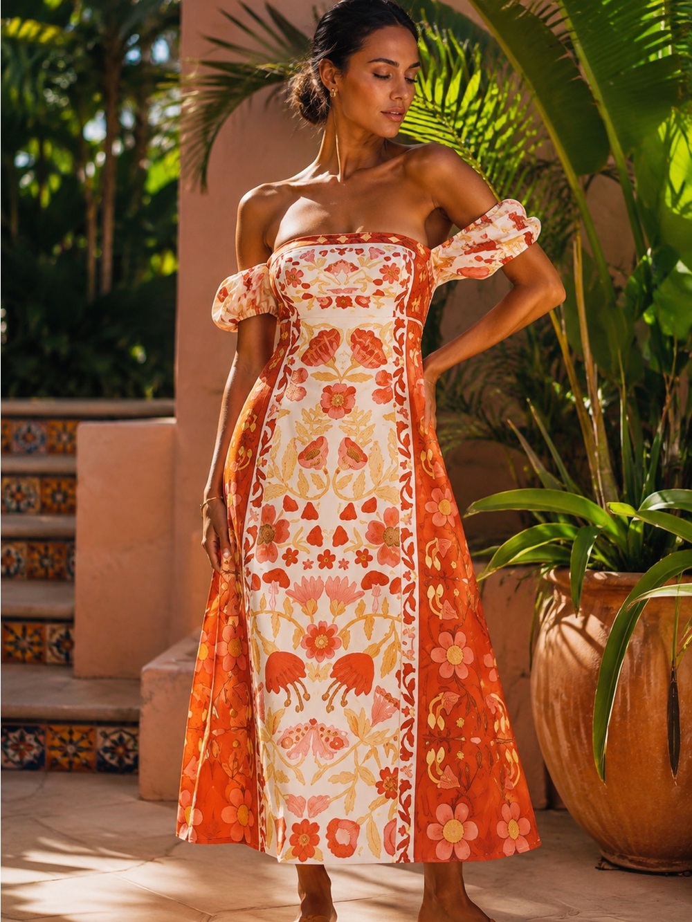 FARM Rio Coral and Cream Floral NWT Square-Neck Maxi Dress